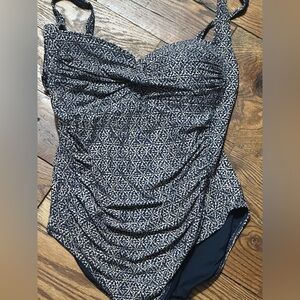 Navy Printed One-Piece Swimsuit with Ruching